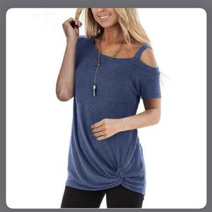 Knotted Skew Neck Short Sleeve Tee, Blue